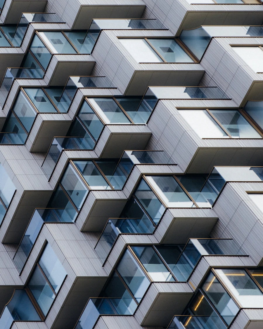 Concept: white cantilevered balconies stacked up a residential tower