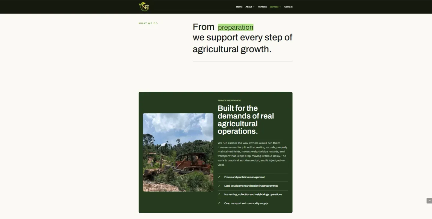 NK Agriculture services section: "Built for the demands of real agricultural operations", listing four estate services beside a photo of land being cleared